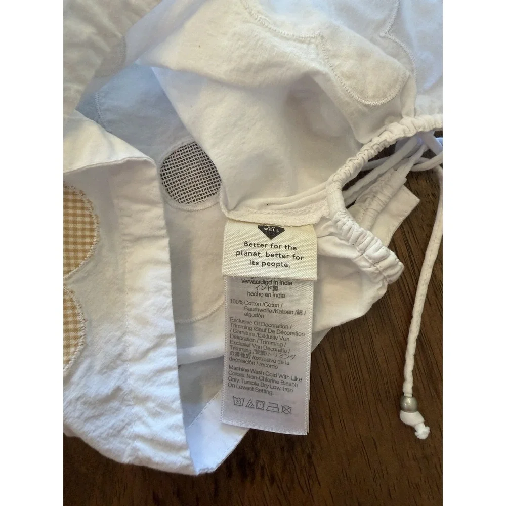 Madewell Gingham Floral Applique Puff Sleeve Drawstring Top White Yellow XXS